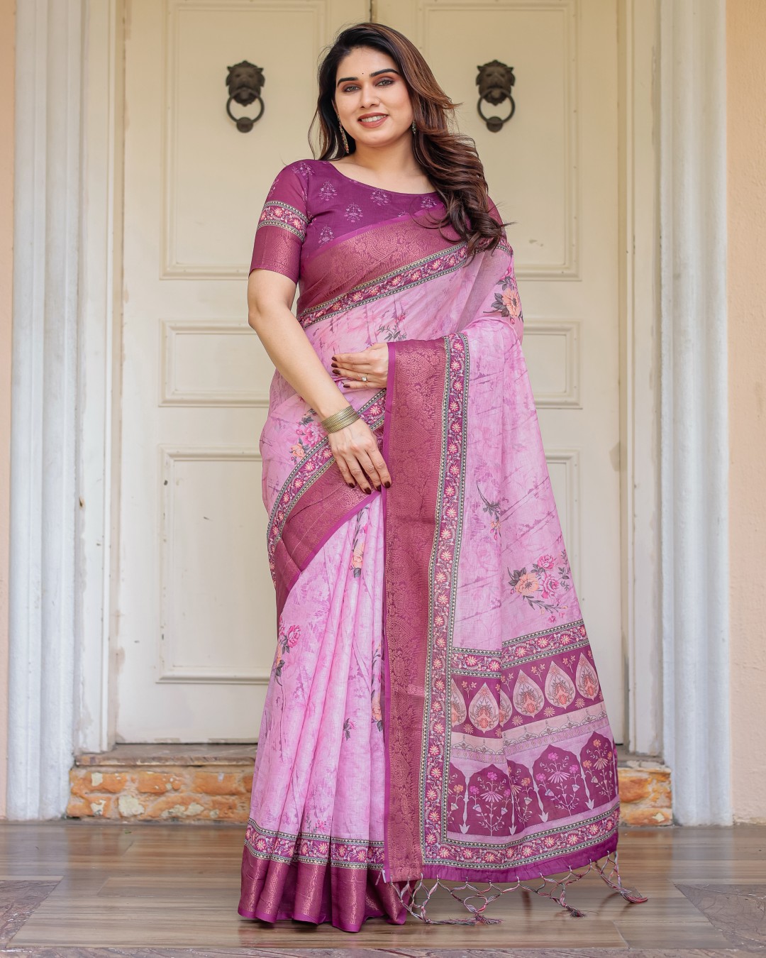 Traditional Printed Handloom Cotton Saree with Rich Zari Border & Heritage Pallu(Pack of 1)