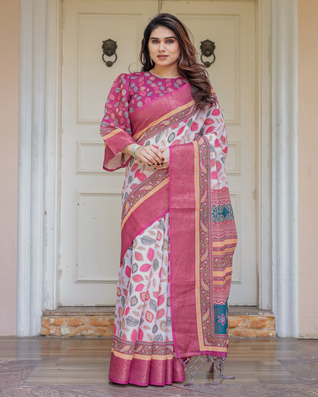 Handloom Cotton Ethnic Printed Saree with Zari Border & Tassels – Classic Traditional Wear(Pack of 1)