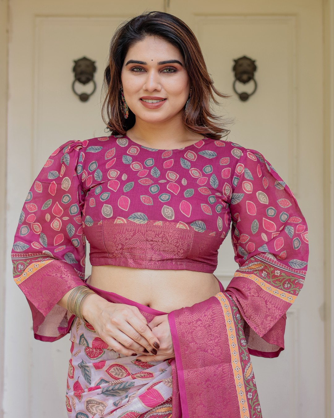 Handloom Cotton Ethnic Printed Saree with Zari Border & Tassels – Classic Traditional Wear(Pack of 1)