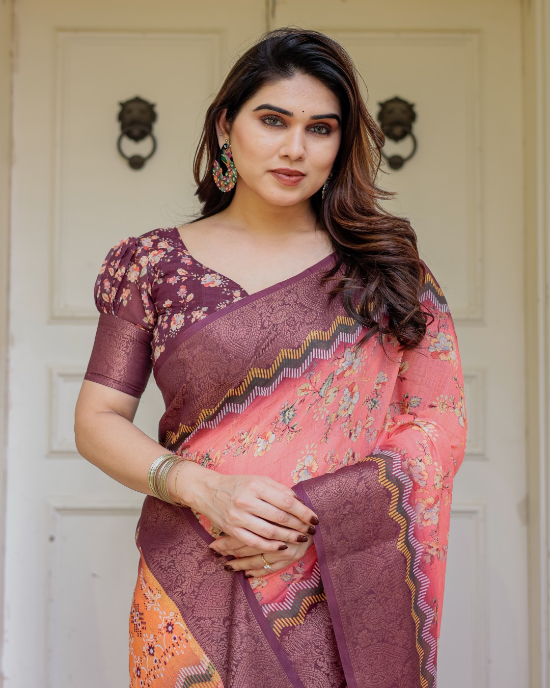 Handloom Cotton Ethnic Printed Saree with Zari Border & Tassels – Classic Traditional Wear(Pack of 1)