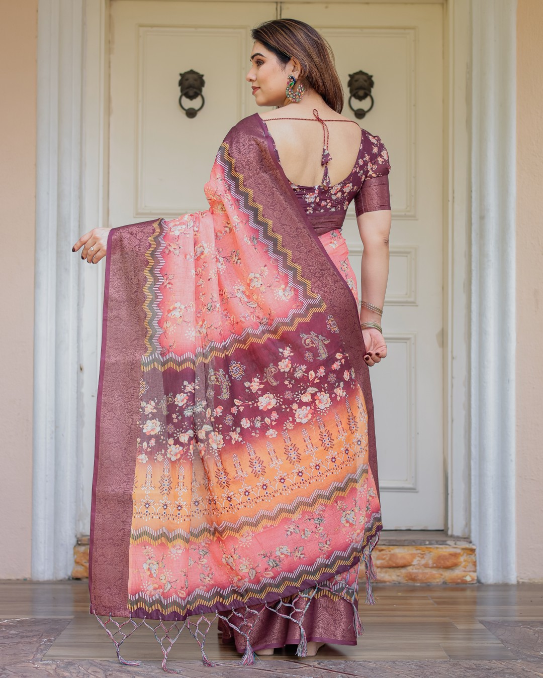 Handloom Cotton Ethnic Printed Saree with Zari Border & Tassels – Classic Traditional Wear(Pack of 1)