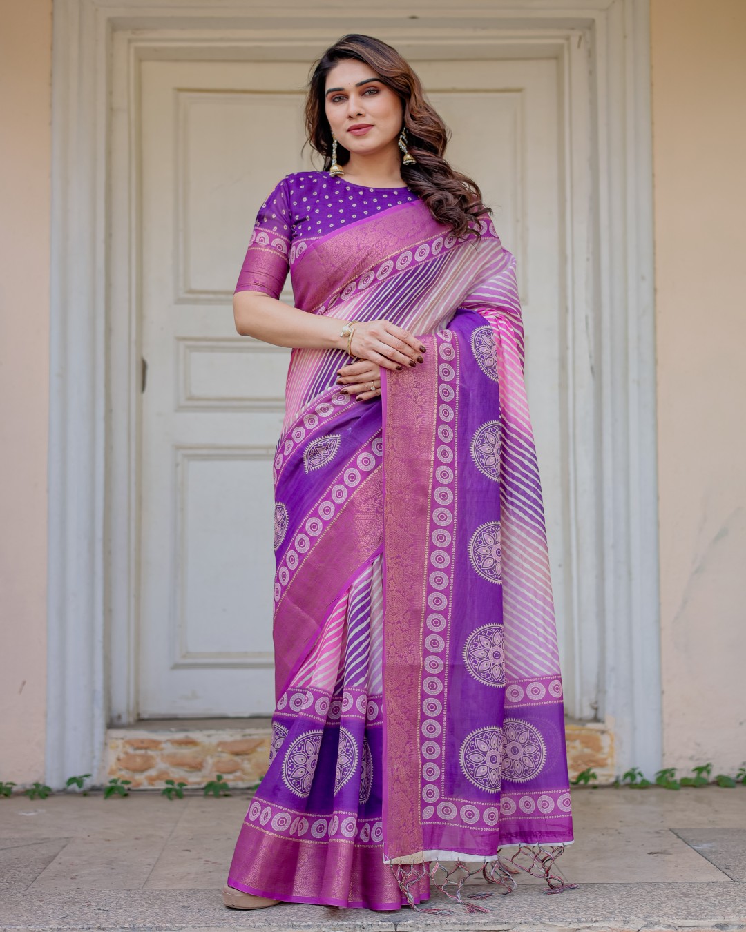 Handloom Cotton Ethnic Printed Saree with Zari Border & Tassels – Classic Traditional Wear(Pack of 1)