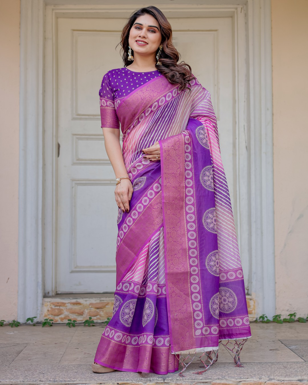 Handloom Cotton Ethnic Printed Saree with Zari Border & Tassels – Classic Traditional Wear(Pack of 1)