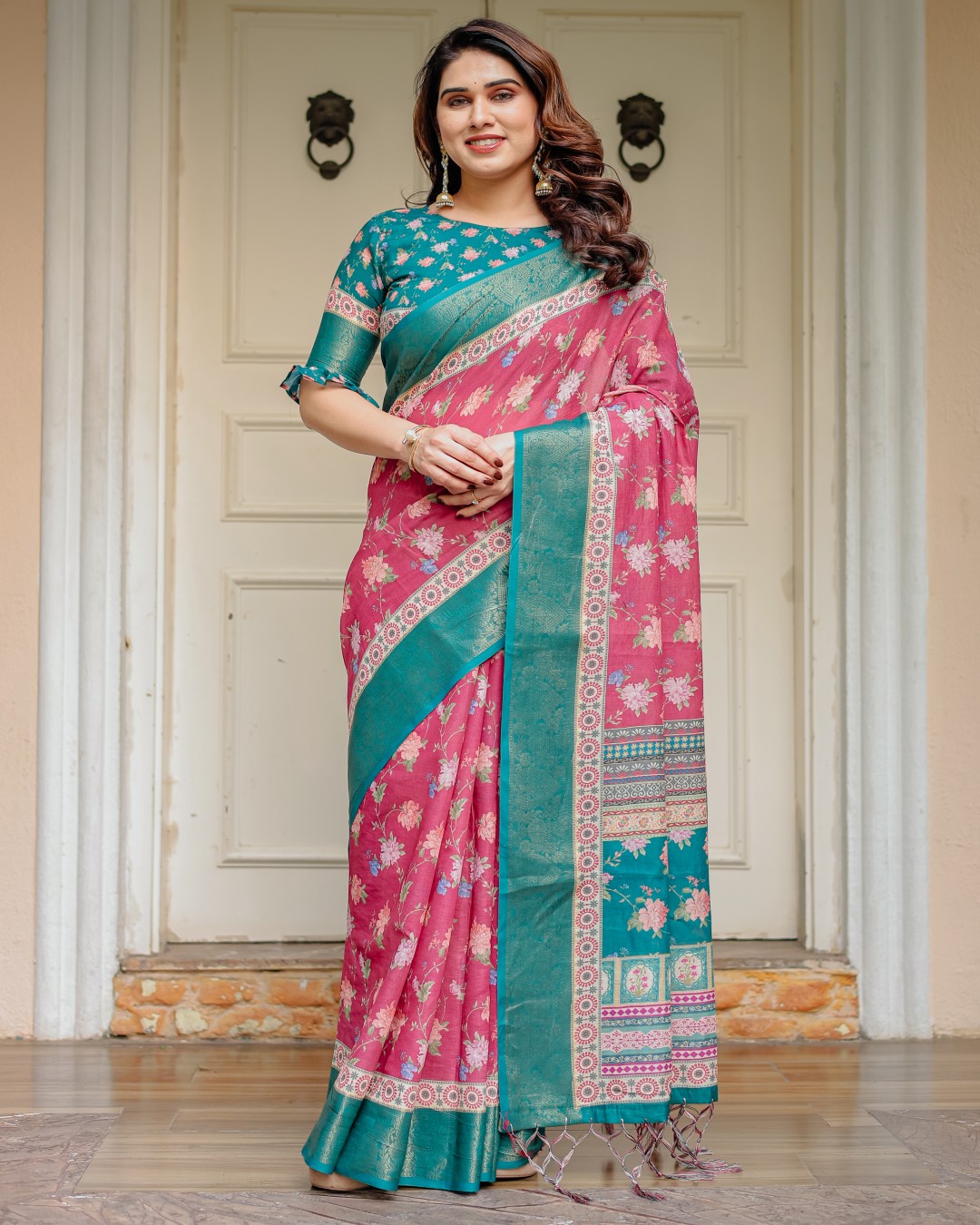 Floral Woven Saree with Antique Zari Border & Rich Designer Pallu – Festive Ethnic Wear(Pack of 1)