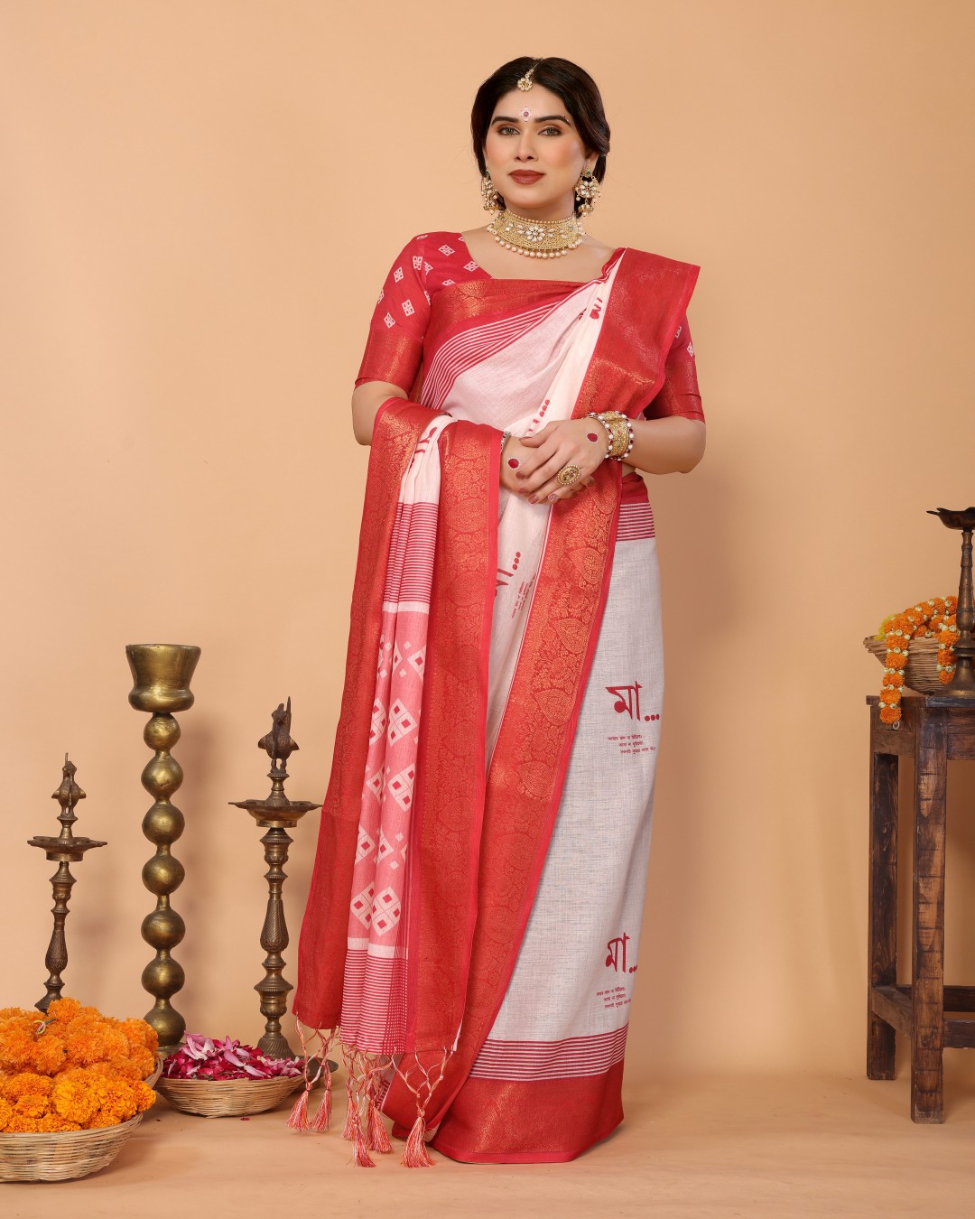 Crimson Red & Cream Handloom Linen Saree with Digital Maa Durga Face & Zari Border | Durga Puja(Pack of 1)