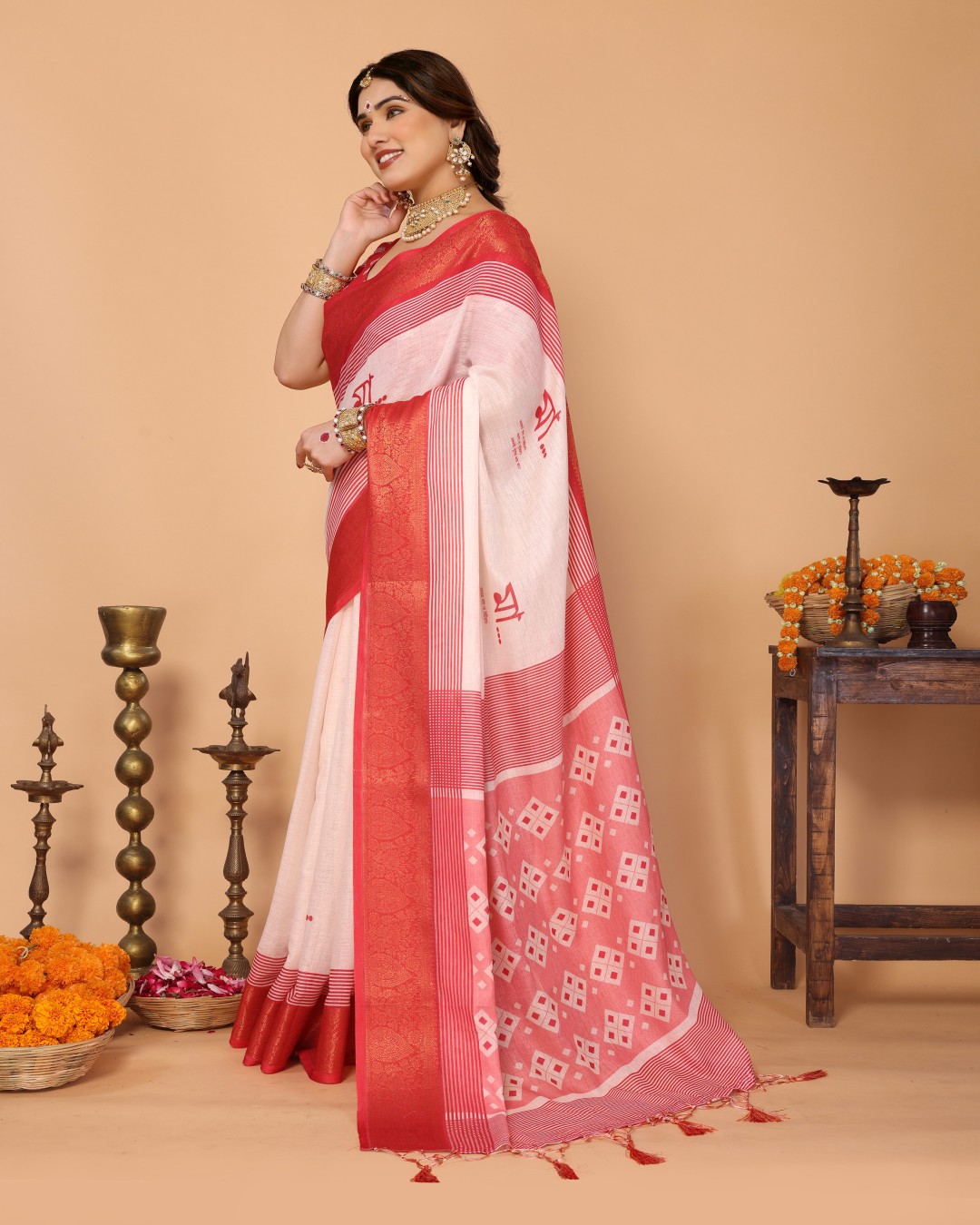 Crimson Red & Cream Handloom Linen Saree with Digital Maa Durga Face & Zari Border | Durga Puja(Pack of 1)