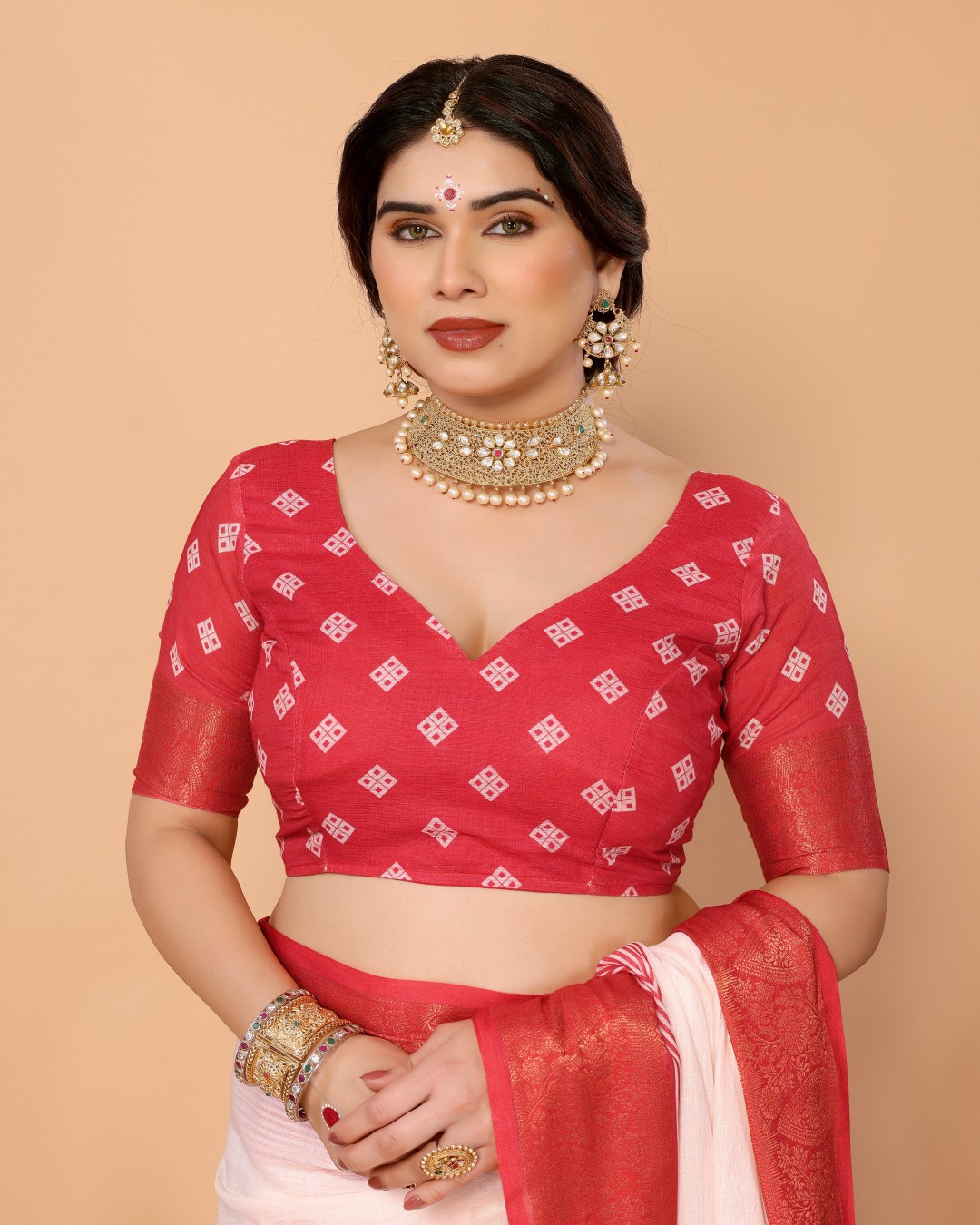 Crimson Red & Cream Handloom Linen Saree with Digital Maa Durga Face & Zari Border | Durga Puja(Pack of 1)