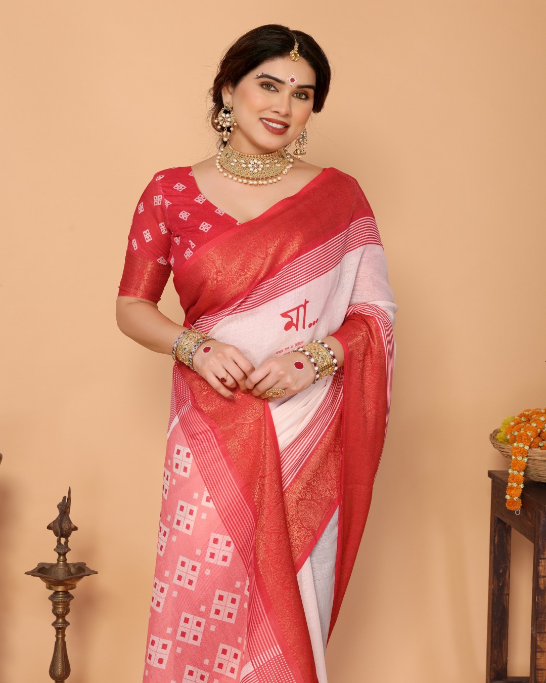 Crimson Red & Cream Handloom Linen Saree with Digital Maa Durga Face & Zari Border | Durga Puja(Pack of 1)