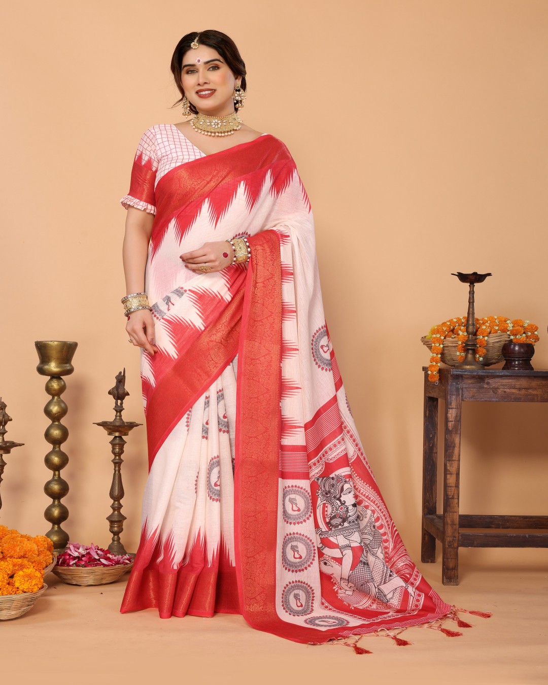 Off-White & Vermilion Red Handloom Linen Saree with Digital Goddess Saraswati Artwork & Zari Border – Festive Durga Puja Collection(Pack of 1)