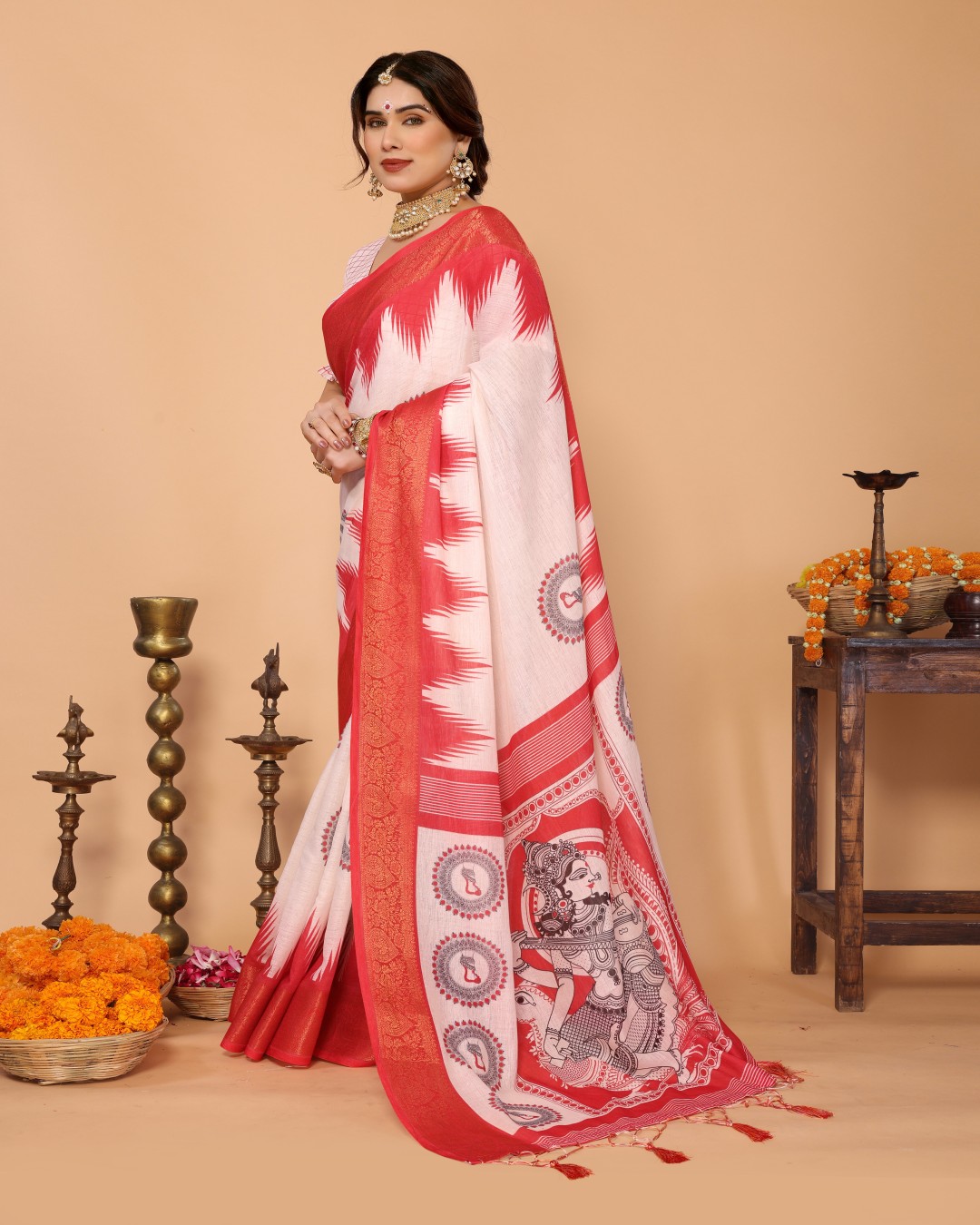 Off-White & Vermilion Red Handloom Linen Saree with Digital Goddess Saraswati Artwork & Zari Border – Festive Durga Puja Collection(Pack of 1)