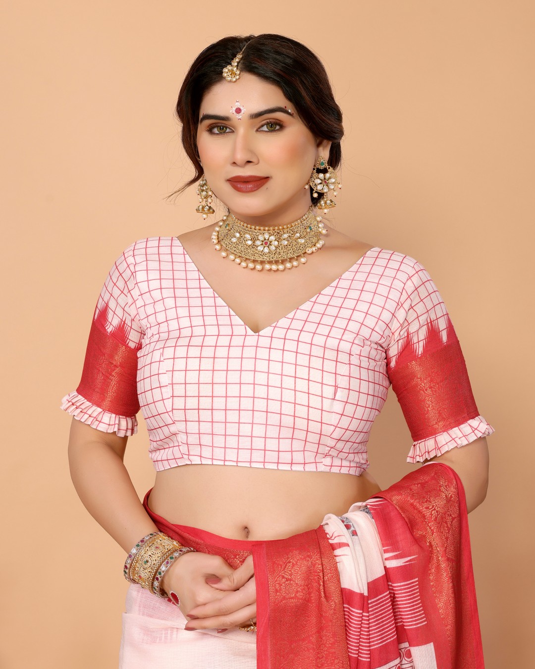 Off-White & Vermilion Red Handloom Linen Saree with Digital Goddess Saraswati Artwork & Zari Border – Festive Durga Puja Collection(Pack of 1)