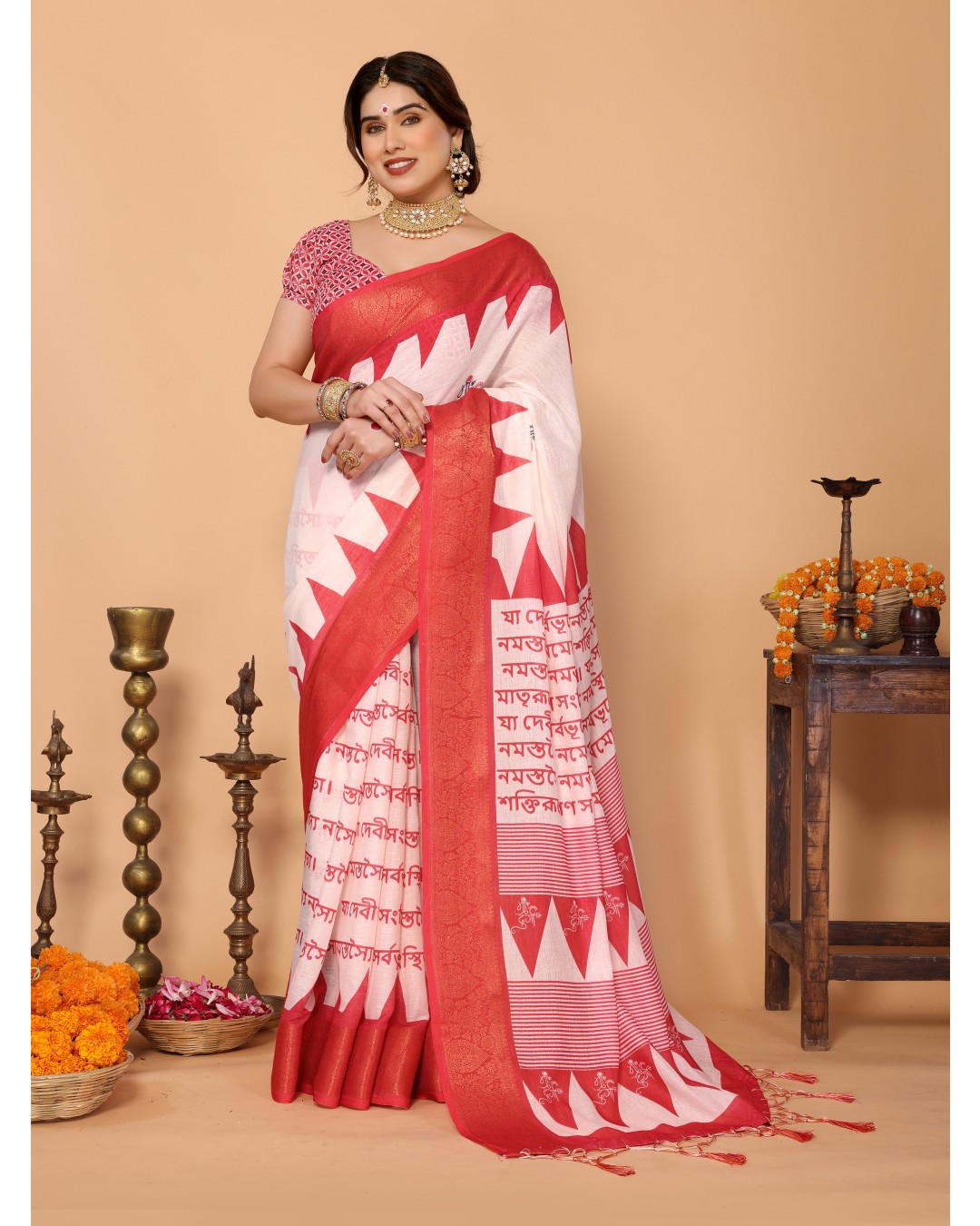 White & Red Handloom Linen Saree with Durga Shloka Print and Zari Border | Festive Pallu with Tassels(Pack of 1)