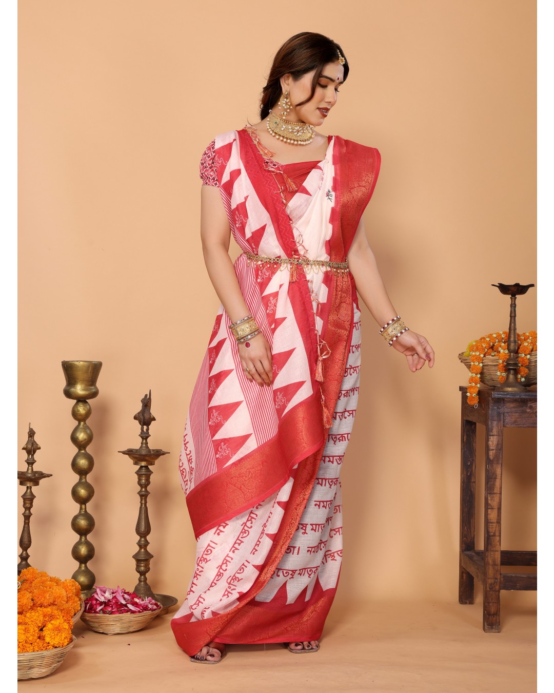 White & Red Handloom Linen Saree with Durga Shloka Print and Zari Border | Festive Pallu with Tassels(Pack of 1)