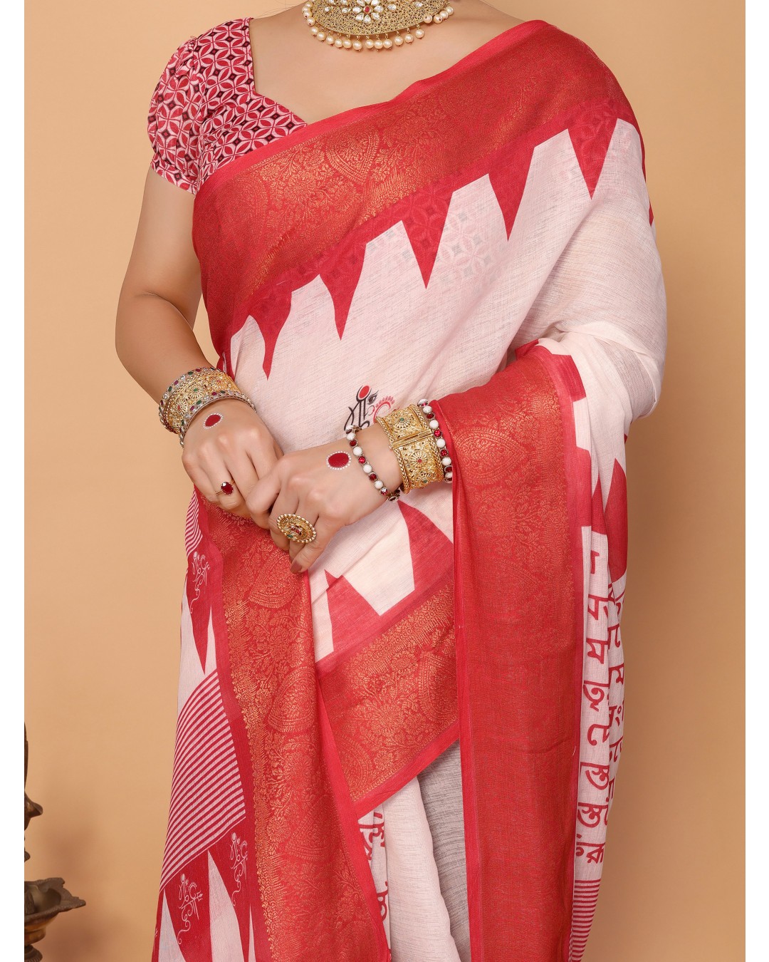 White & Red Handloom Linen Saree with Durga Shloka Print and Zari Border | Festive Pallu with Tassels(Pack of 1)
