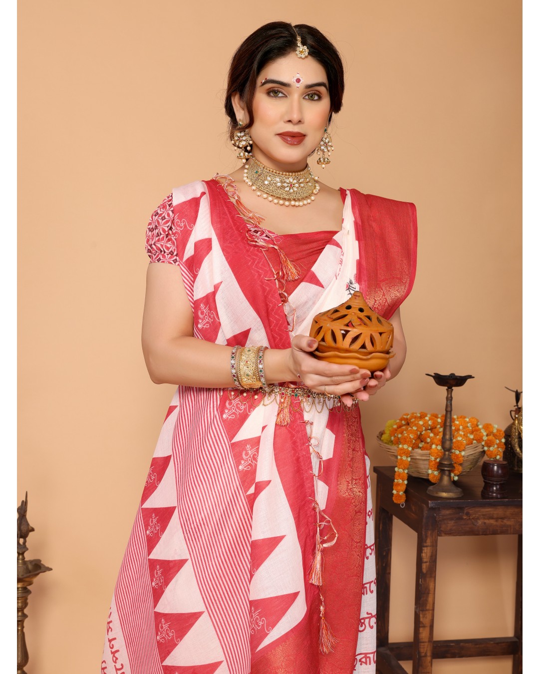 White & Red Handloom Linen Saree with Durga Shloka Print and Zari Border | Festive Pallu with Tassels(Pack of 1)