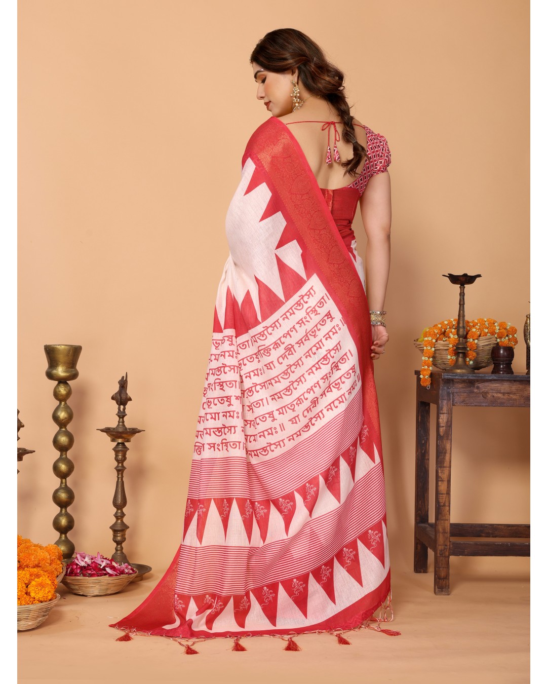 White & Red Handloom Linen Saree with Durga Shloka Print and Zari Border | Festive Pallu with Tassels(Pack of 1)
