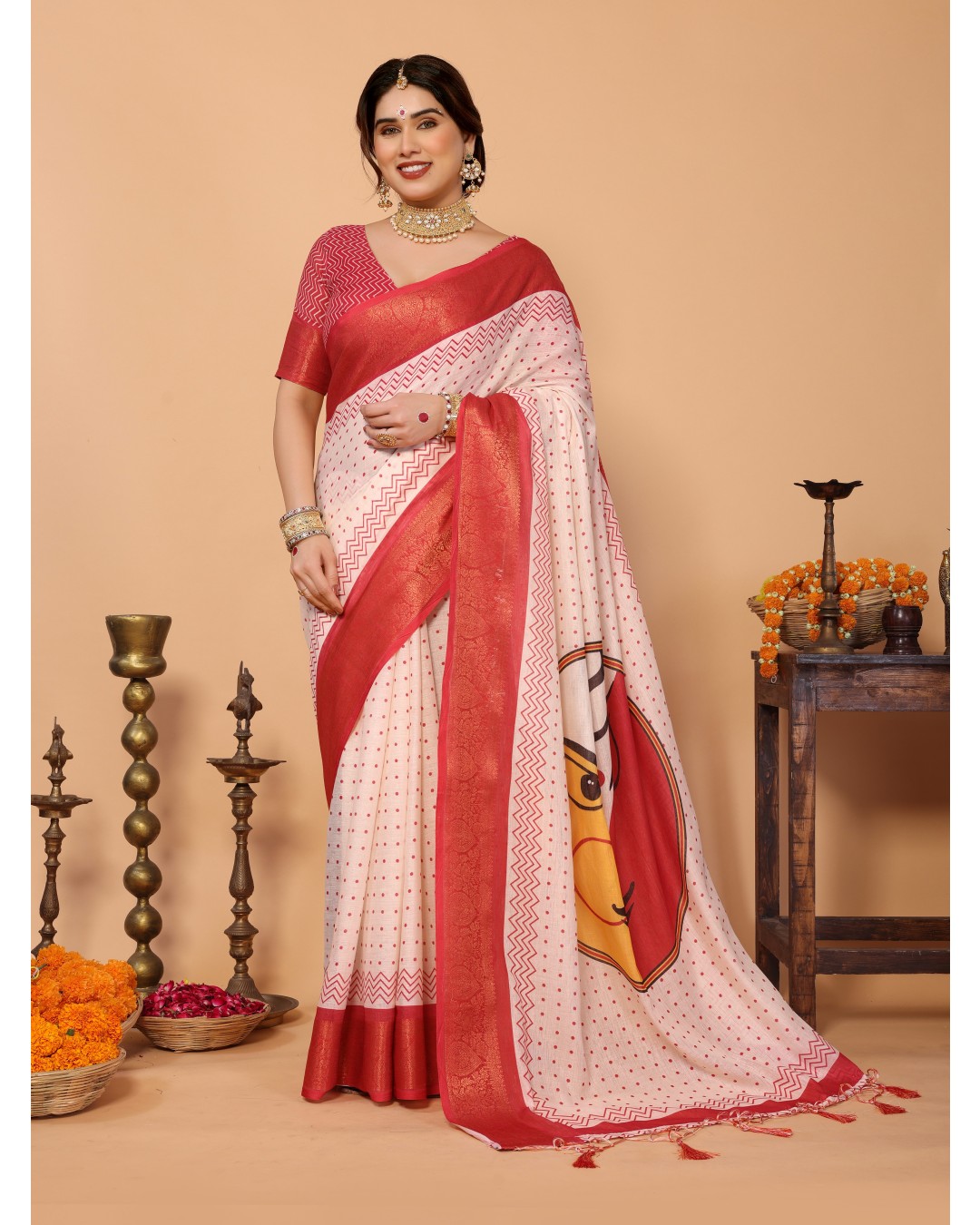 Ivory & Vermilion Polka Handloom Linen Saree with Durga Face Digital Print & Zari Border – Festive Special(Pack of 1)