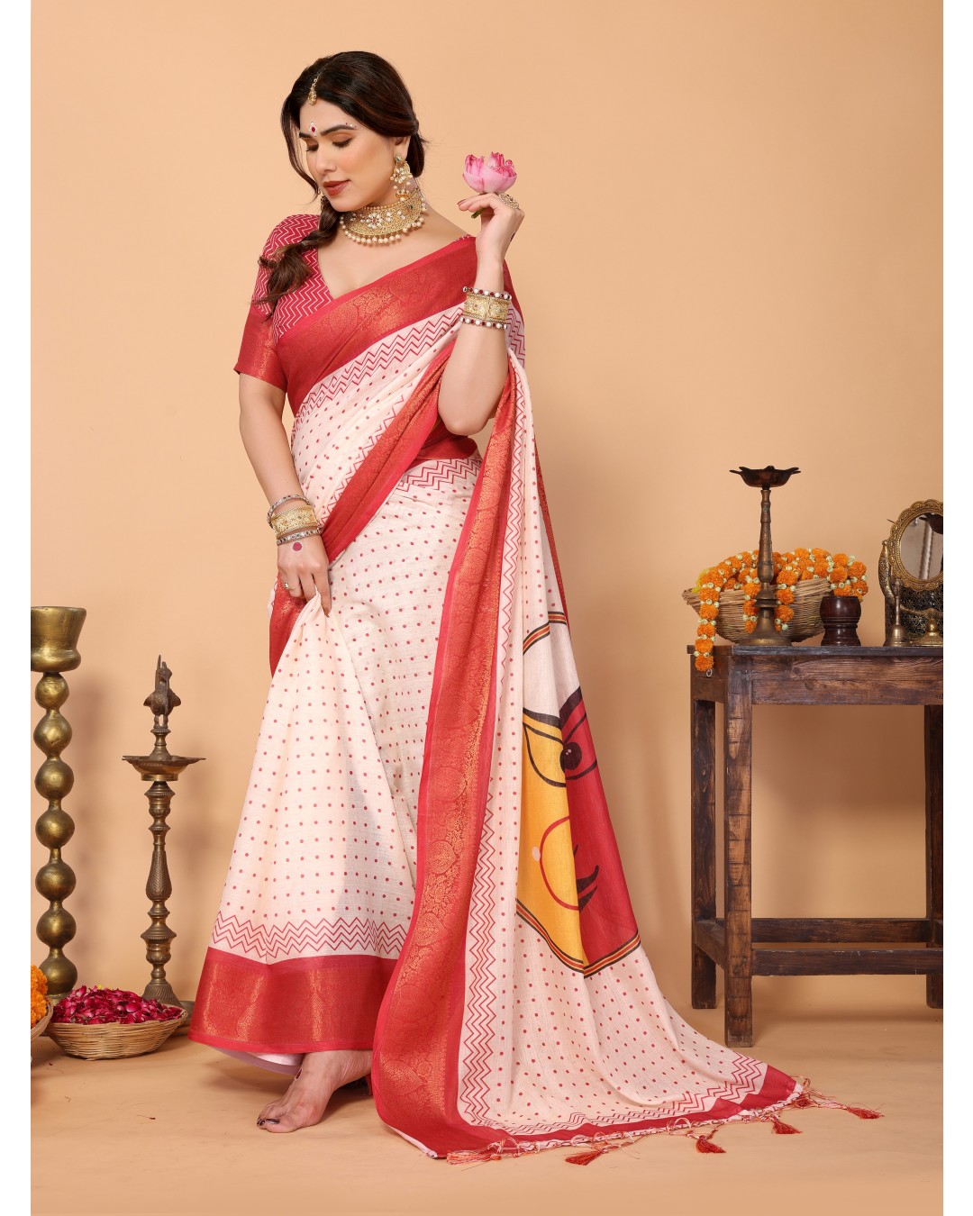 Ivory & Vermilion Polka Handloom Linen Saree with Durga Face Digital Print & Zari Border – Festive Special(Pack of 1)
