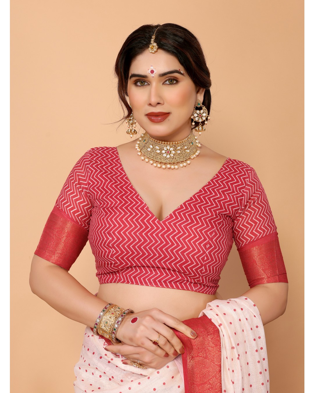 Ivory & Vermilion Polka Handloom Linen Saree with Durga Face Digital Print & Zari Border – Festive Special(Pack of 1)