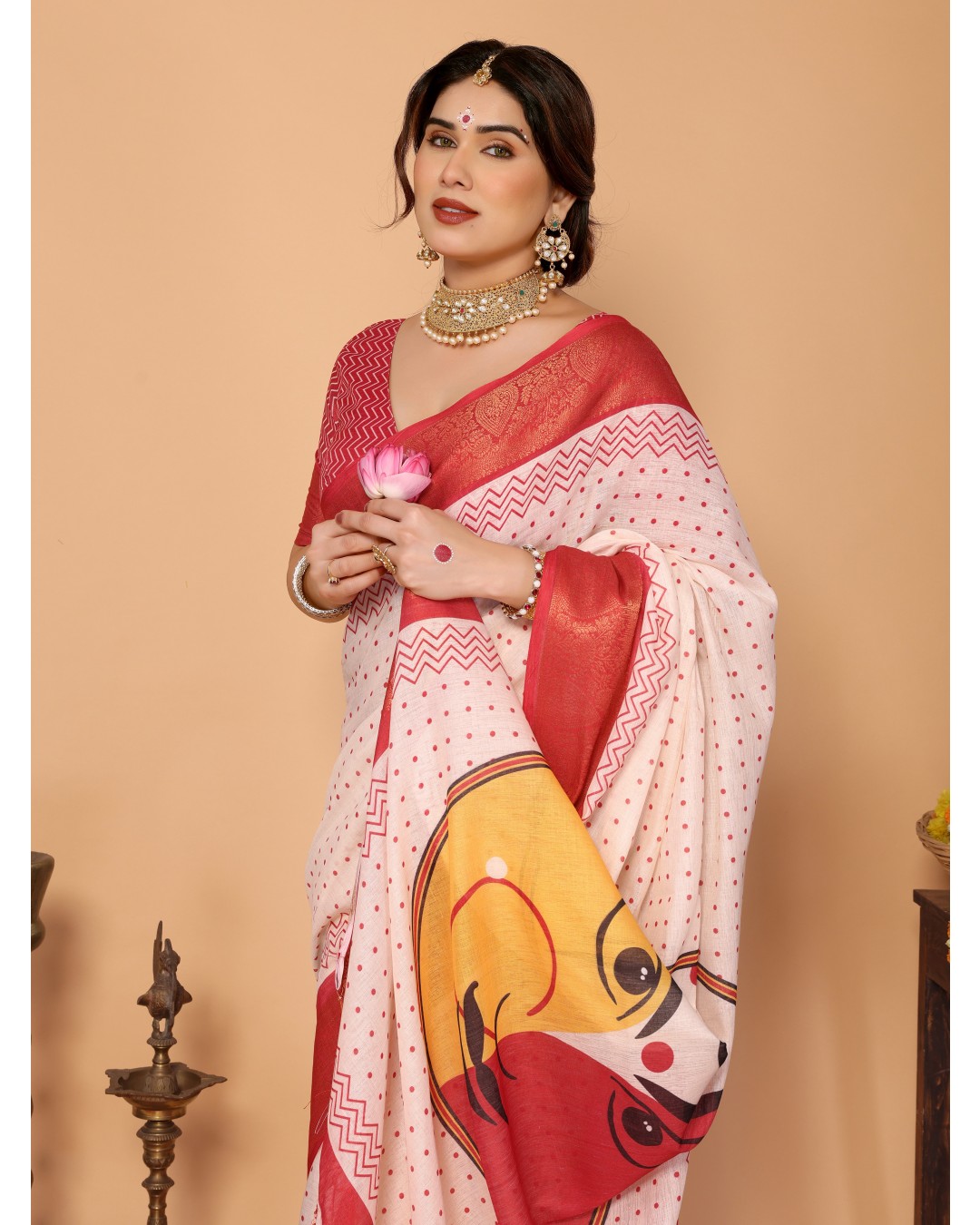Ivory & Vermilion Polka Handloom Linen Saree with Durga Face Digital Print & Zari Border – Festive Special(Pack of 1)