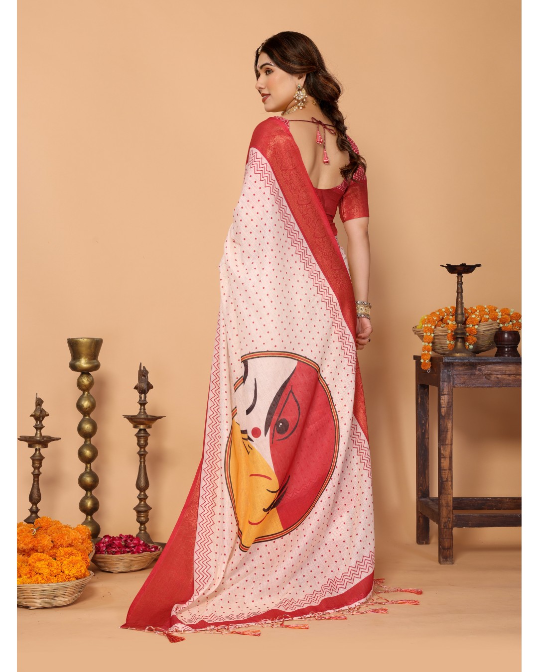 Ivory & Vermilion Polka Handloom Linen Saree with Durga Face Digital Print & Zari Border – Festive Special(Pack of 1)