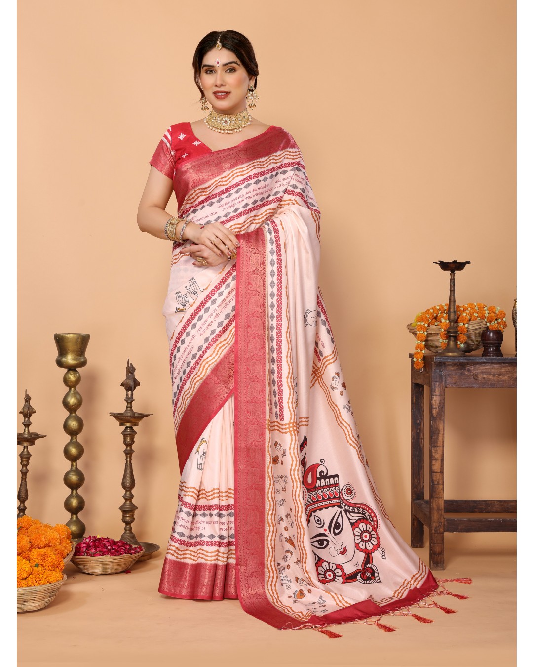 Off-White & Red Tussar Silk Durga Puja Saree with Divine Maa Durga Pallu & Zari Border | Printed Festive Drape with Tassels(Pack of 1)