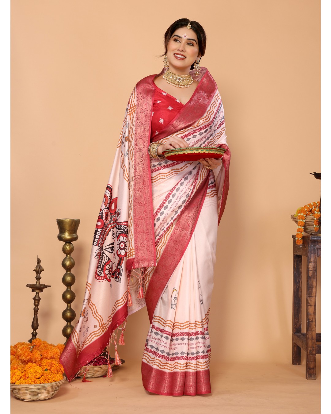 Off-White & Red Tussar Silk Durga Puja Saree with Divine Maa Durga Pallu & Zari Border | Printed Festive Drape with Tassels(Pack of 1)