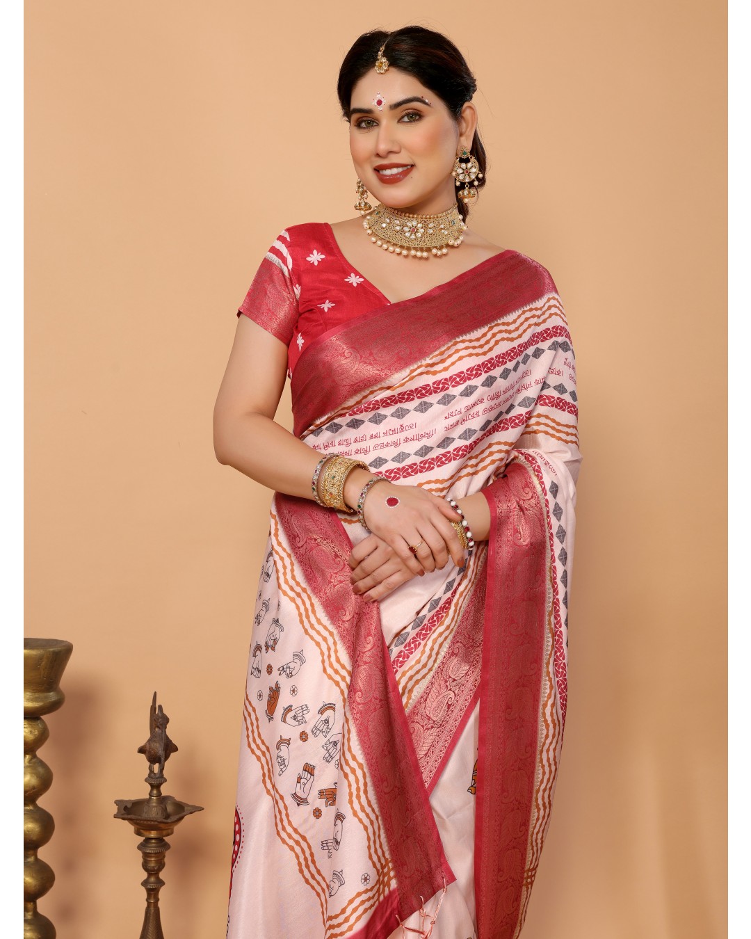 Off-White & Red Tussar Silk Durga Puja Saree with Divine Maa Durga Pallu & Zari Border | Printed Festive Drape with Tassels(Pack of 1)