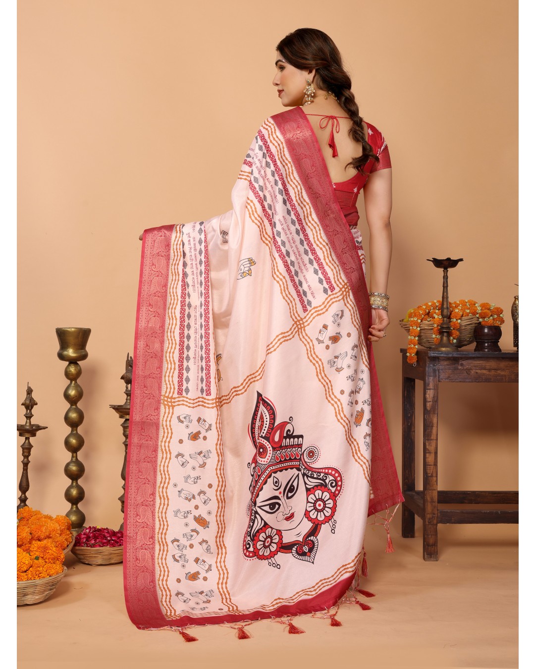 Off-White & Red Tussar Silk Durga Puja Saree with Divine Maa Durga Pallu & Zari Border | Printed Festive Drape with Tassels(Pack of 1)