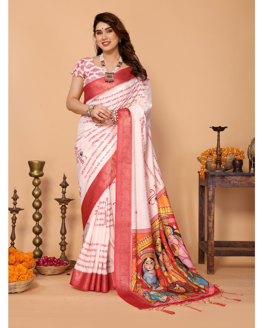 Off-White & Red Tussar Silk Saree with Kalighat-Style Devi Back Design & Sanskrit Mantra Pallu | Zari Border | Festive Tassels(Pack of 1)