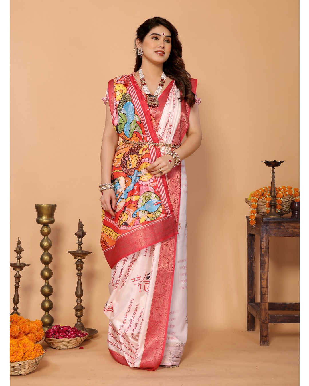 Off-White & Red Tussar Silk Saree with Kalighat-Style Devi Back Design & Sanskrit Mantra Pallu | Zari Border | Festive Tassels(Pack of 1)