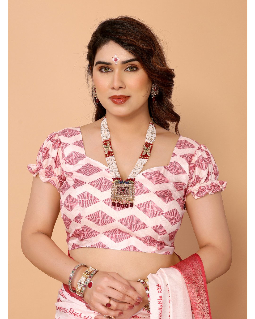 Off-White & Red Tussar Silk Saree with Kalighat-Style Devi Back Design & Sanskrit Mantra Pallu | Zari Border | Festive Tassels(Pack of 1)