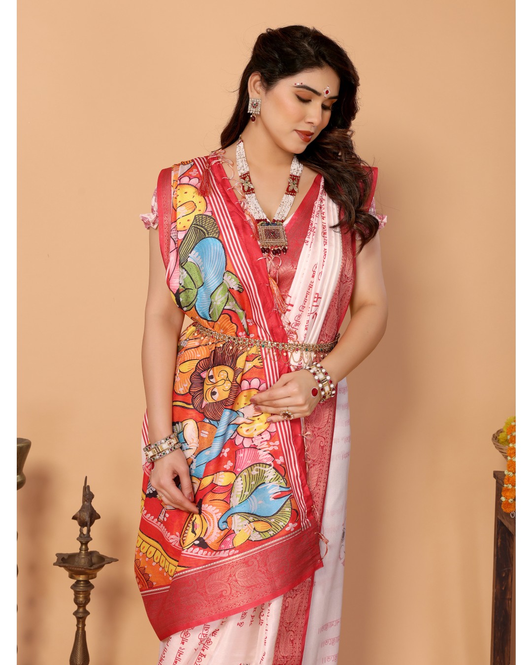 Off-White & Red Tussar Silk Saree with Kalighat-Style Devi Back Design & Sanskrit Mantra Pallu | Zari Border | Festive Tassels(Pack of 1)