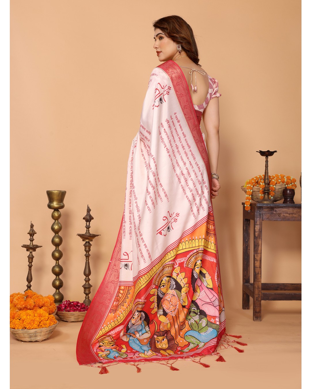 Off-White & Red Tussar Silk Saree with Kalighat-Style Devi Back Design & Sanskrit Mantra Pallu | Zari Border | Festive Tassels(Pack of 1)