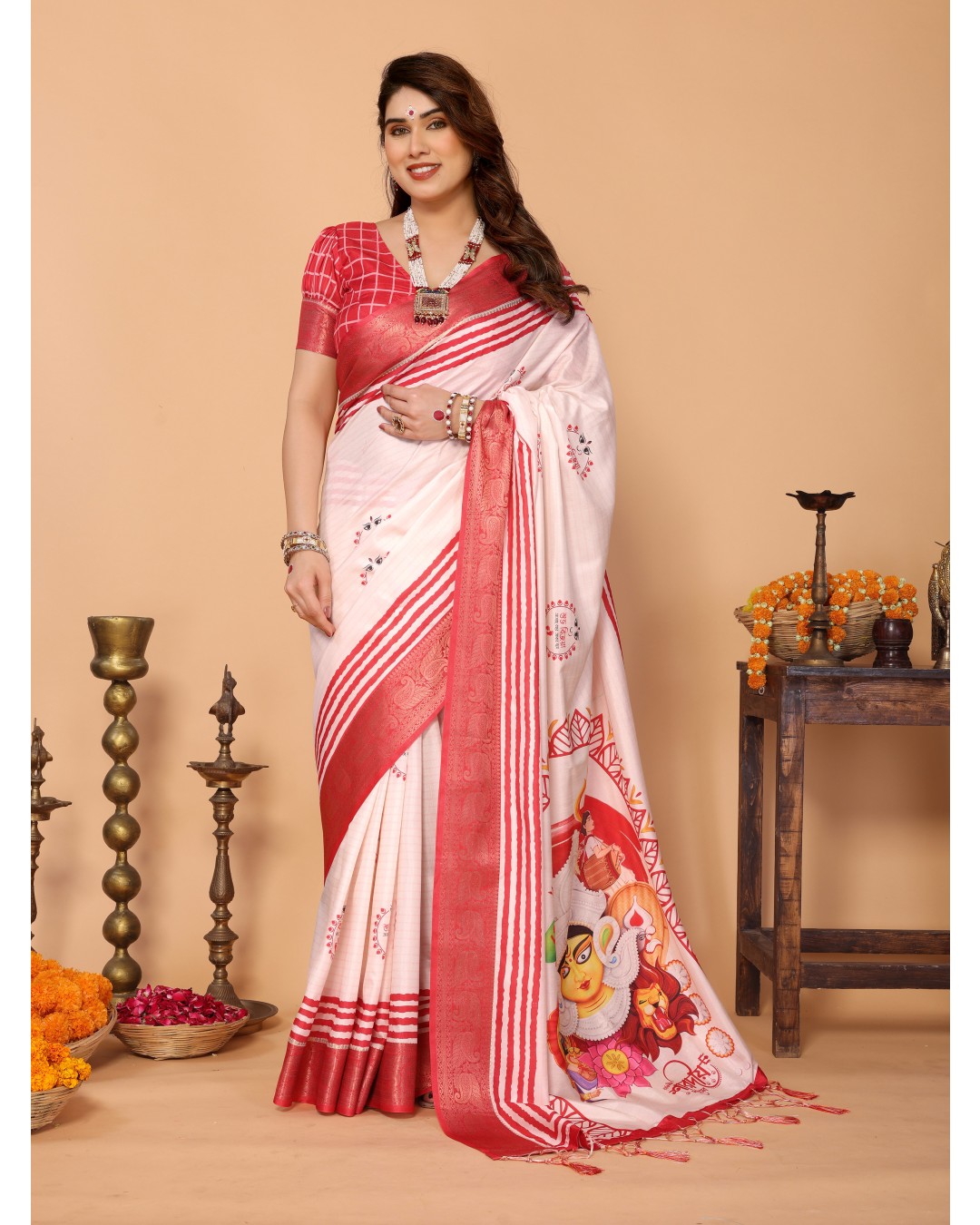 Crimson Red Handloom Linen Saree with Maa Durga Mahishasura Mardini Pallu & Zari Border | Durga Puja Special(Pack of 1)