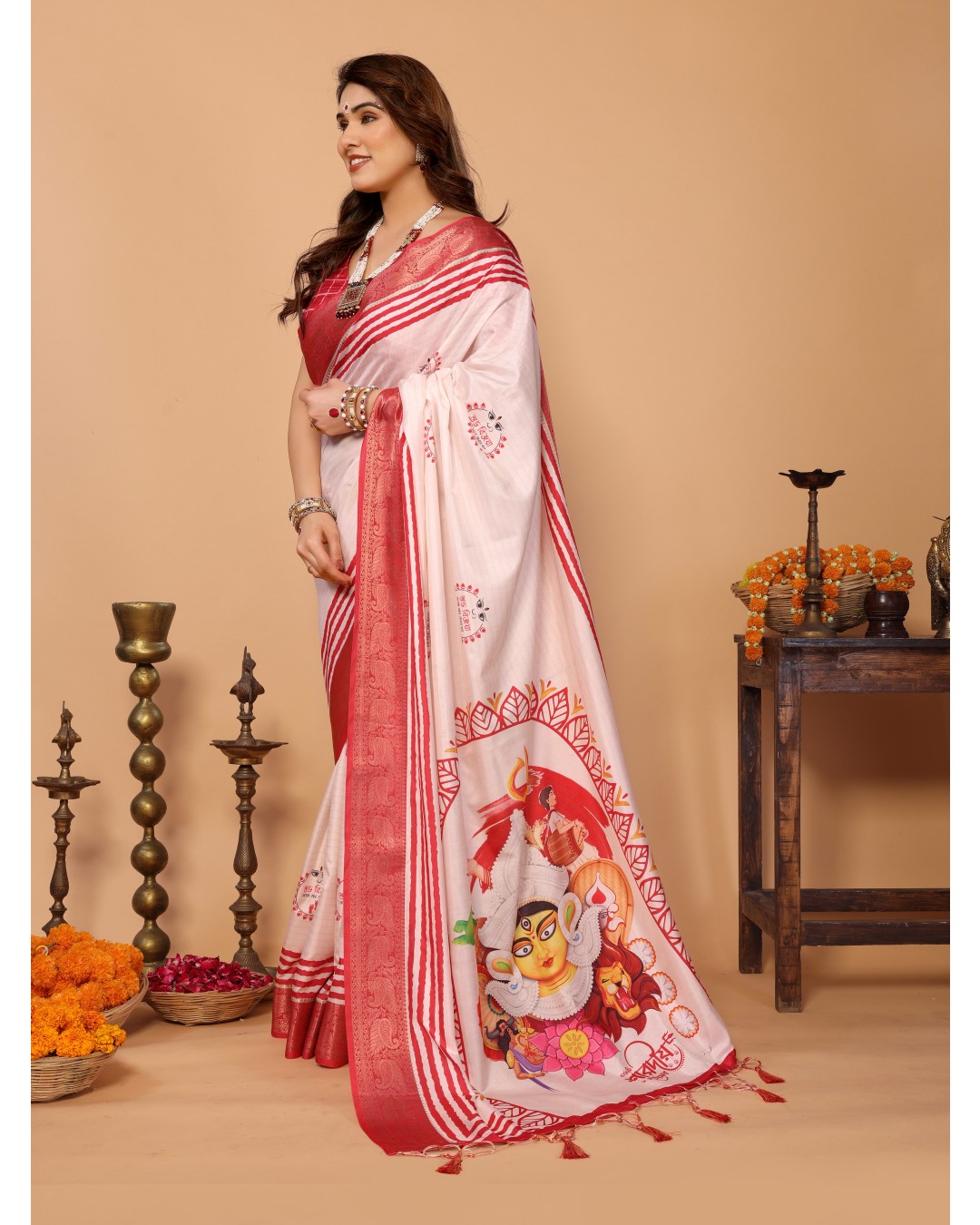 Crimson Red Handloom Linen Saree with Maa Durga Mahishasura Mardini Pallu & Zari Border | Durga Puja Special(Pack of 1)