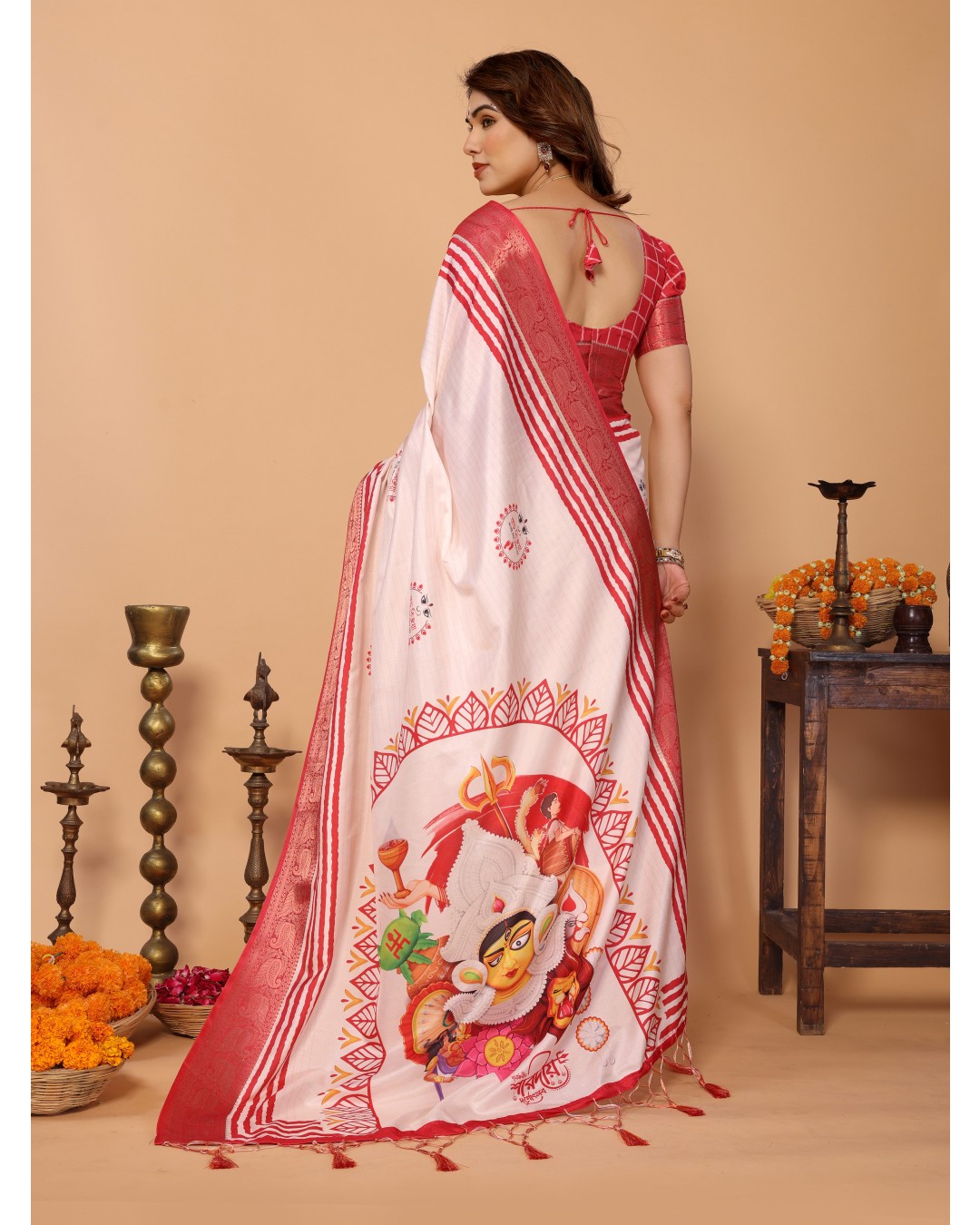 Crimson Red Handloom Linen Saree with Maa Durga Mahishasura Mardini Pallu & Zari Border | Durga Puja Special(Pack of 1)