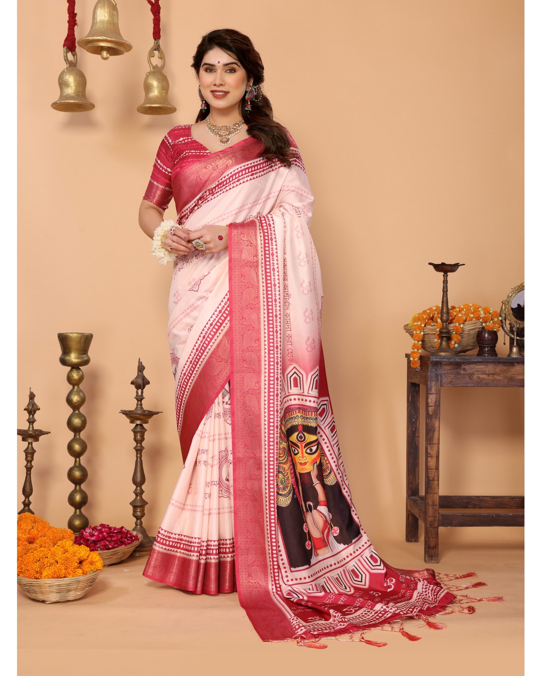 Rose Pink & Crimson Tussar Silk Saree with Kalighat Puja Artwork & Zari Border | Festive Tassel Pallu | Special Durga Puja Collection(Pack of 1)