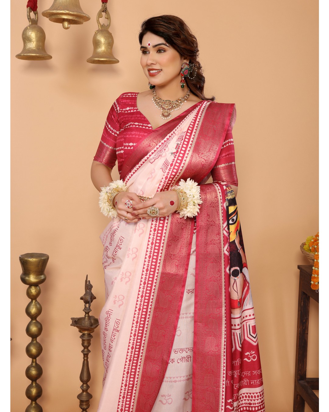 Rose Pink & Crimson Tussar Silk Saree with Kalighat Puja Artwork & Zari Border | Festive Tassel Pallu | Special Durga Puja Collection(Pack of 1)