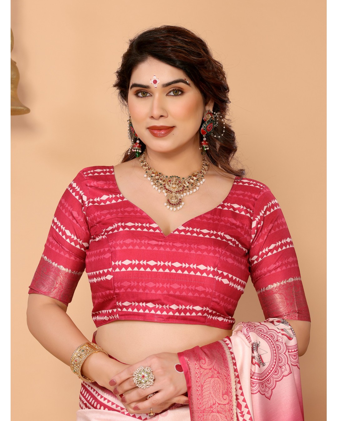 Rose Pink & Crimson Tussar Silk Saree with Kalighat Puja Artwork & Zari Border | Festive Tassel Pallu | Special Durga Puja Collection(Pack of 1)