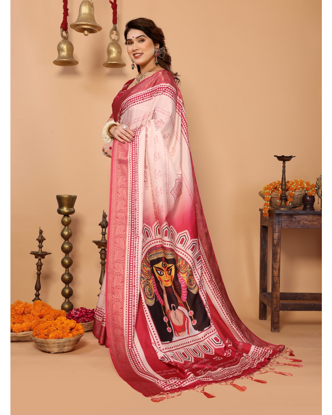 Rose Pink & Crimson Tussar Silk Saree with Kalighat Puja Artwork & Zari Border | Festive Tassel Pallu | Special Durga Puja Collection(Pack of 1)