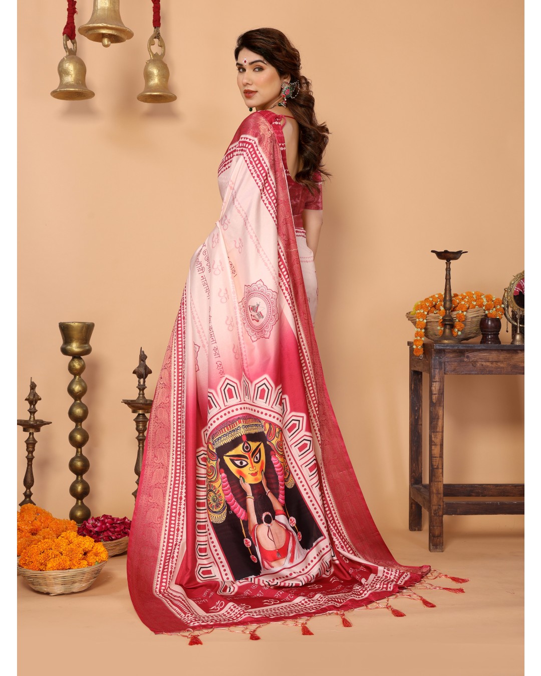 Rose Pink & Crimson Tussar Silk Saree with Kalighat Puja Artwork & Zari Border | Festive Tassel Pallu | Special Durga Puja Collection(Pack of 1)