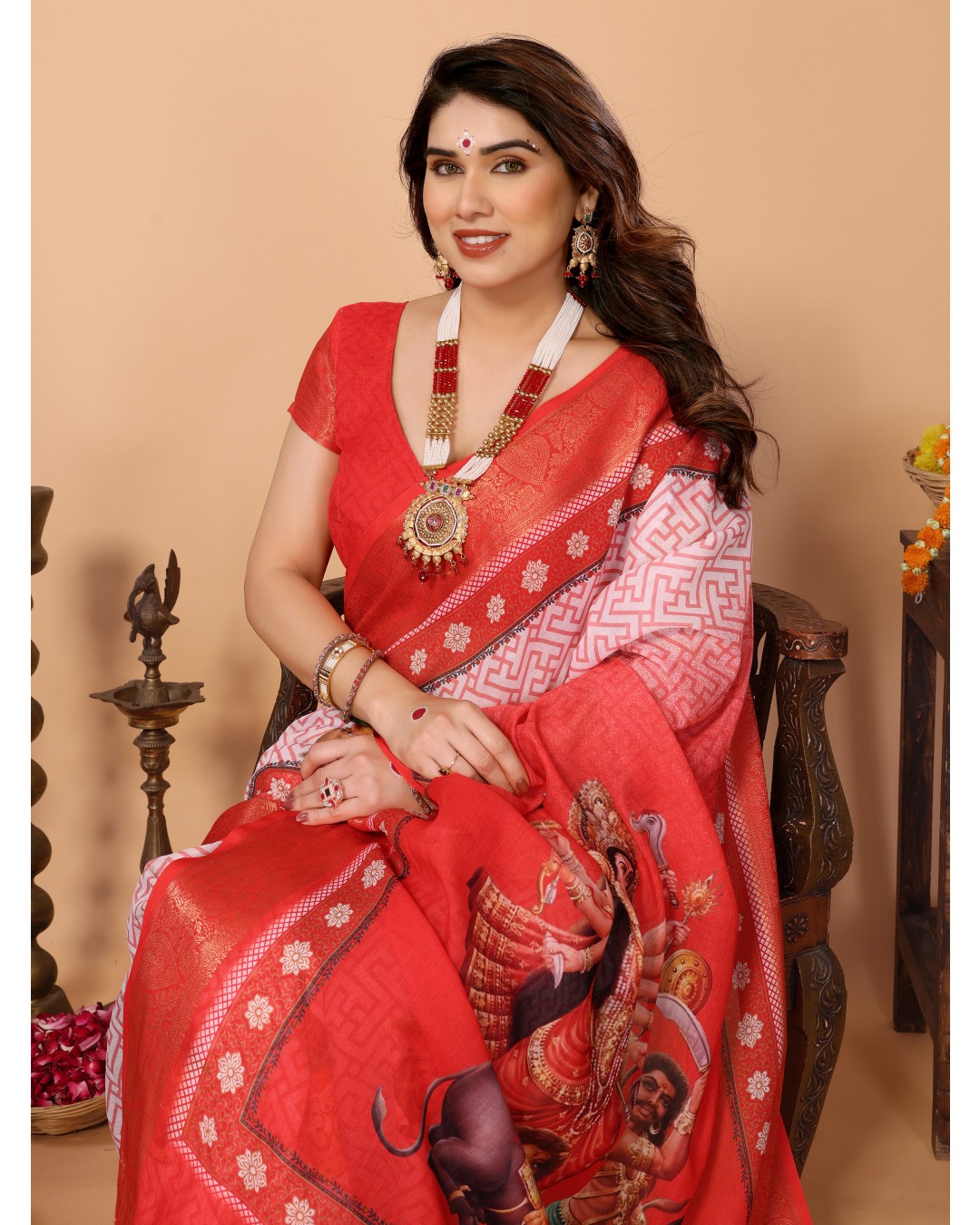 Red & White Handloom Linen Saree with Durga Devi Digital Print & Zari Border | Festive Tassel Pallu | Special Durga Puja Collection(Pack of 1)