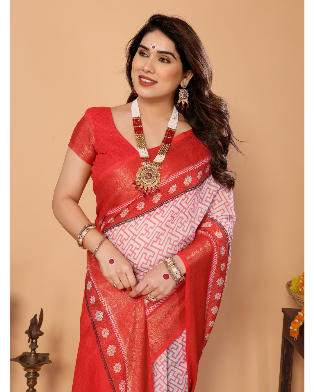 Red & White Handloom Linen Saree with Durga Devi Digital Print & Zari Border | Festive Tassel Pallu | Special Durga Puja Collection(Pack of 1)