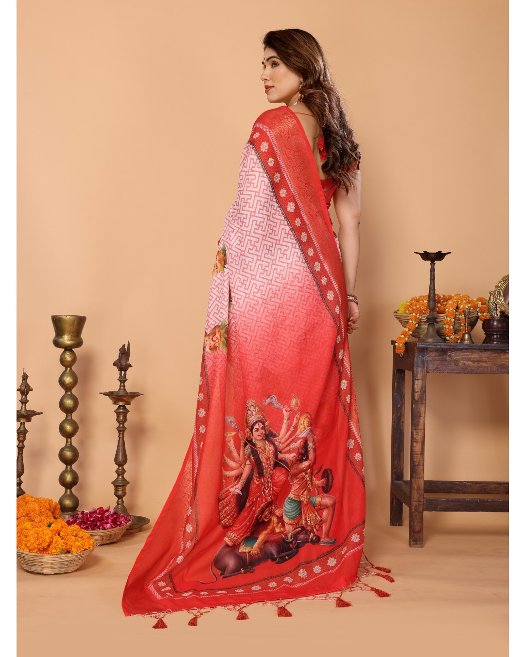 Red & White Handloom Linen Saree with Durga Devi Digital Print & Zari Border | Festive Tassel Pallu | Special Durga Puja Collection(Pack of 1)