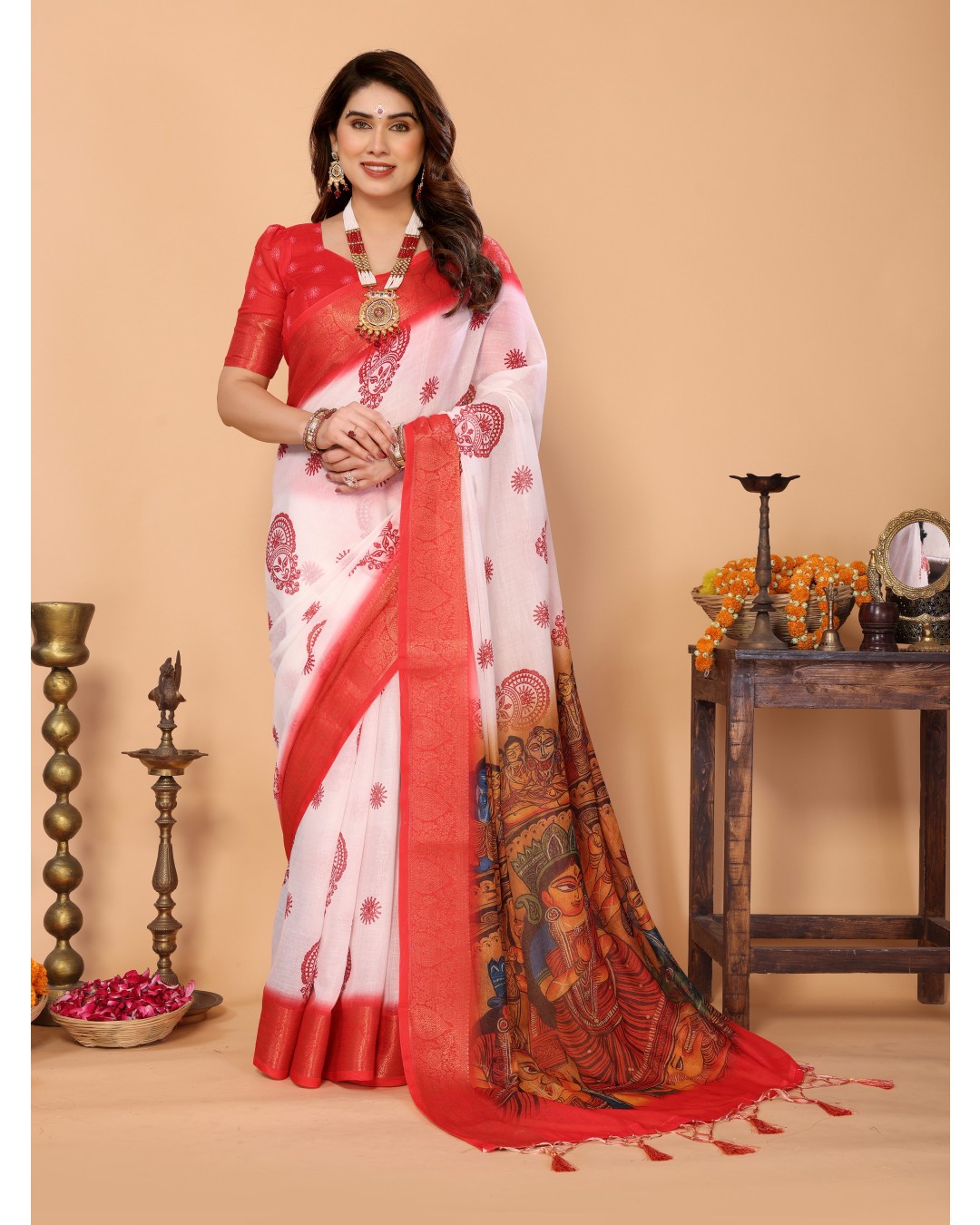 White & Red Handloom Linen Saree with Durga Panchami Art Pallu & Temple Festive Motifs | Zari Border & Tassel Finish(Pack of 1)