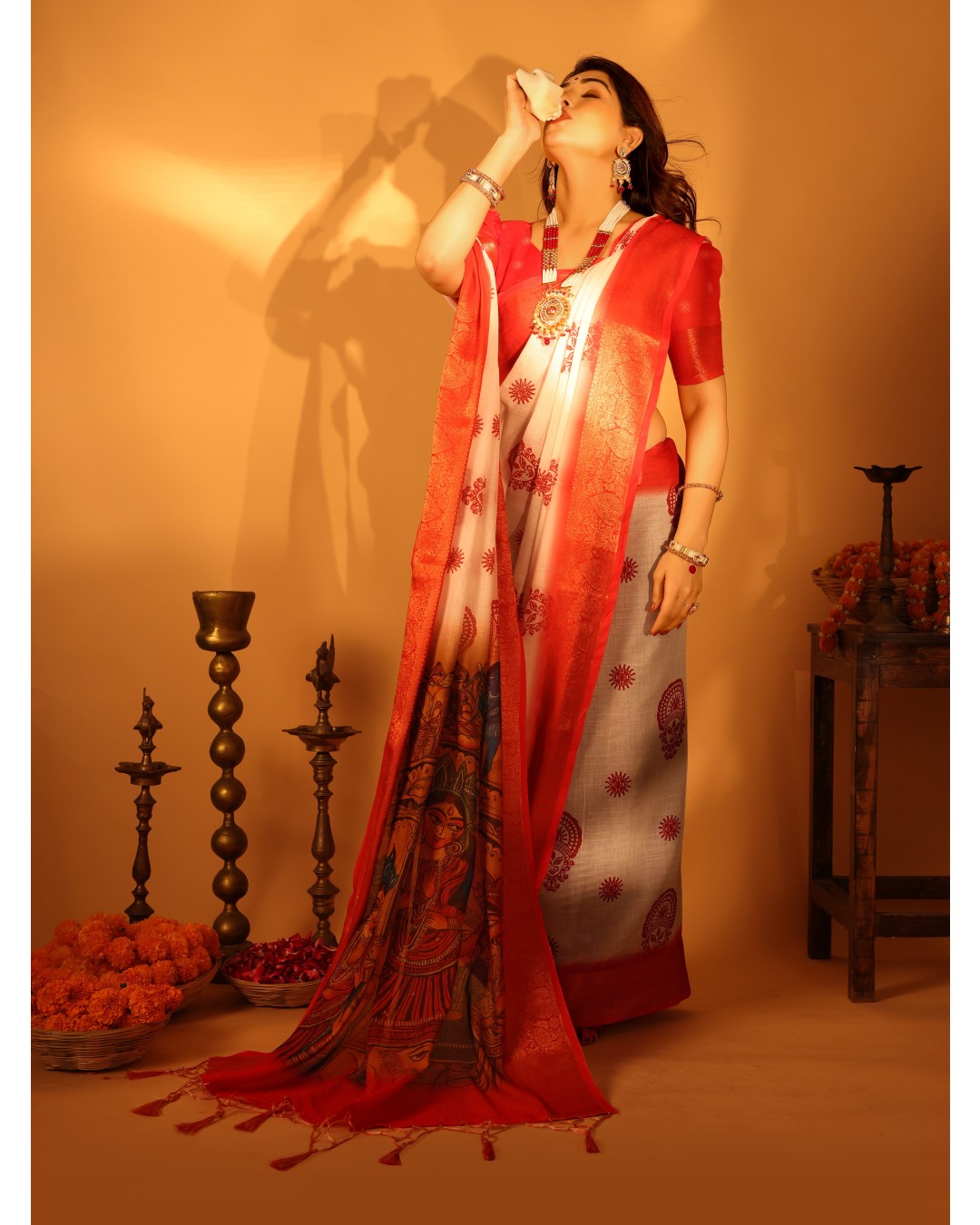 White & Red Handloom Linen Saree with Durga Panchami Art Pallu & Temple Festive Motifs | Zari Border & Tassel Finish(Pack of 1)