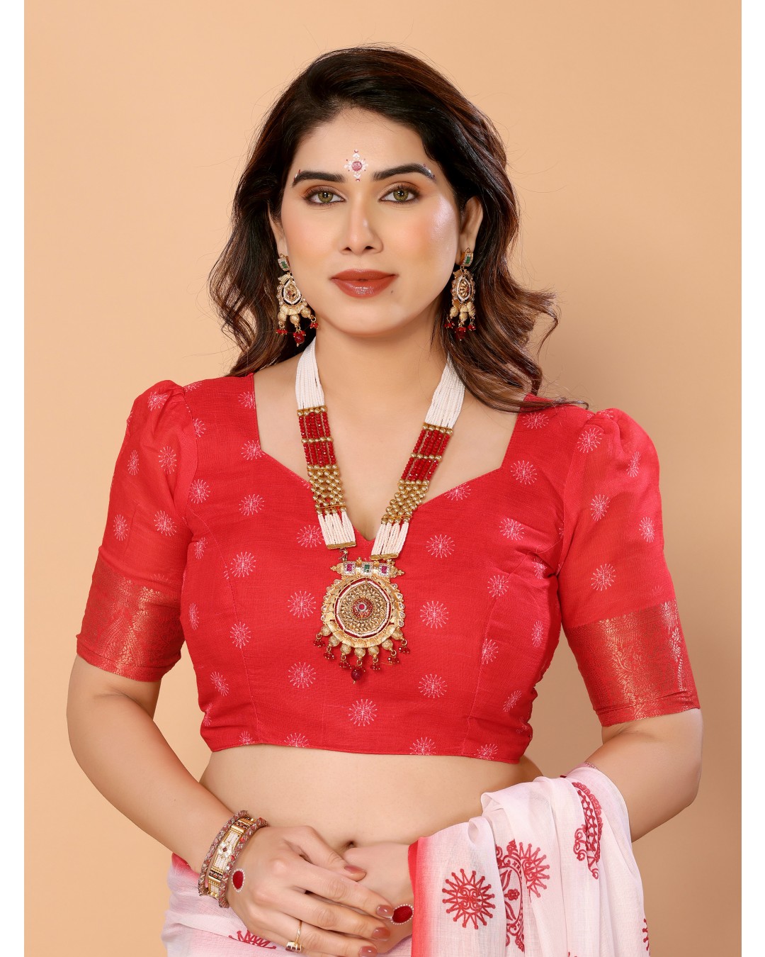 White & Red Handloom Linen Saree with Durga Panchami Art Pallu & Temple Festive Motifs | Zari Border & Tassel Finish(Pack of 1)