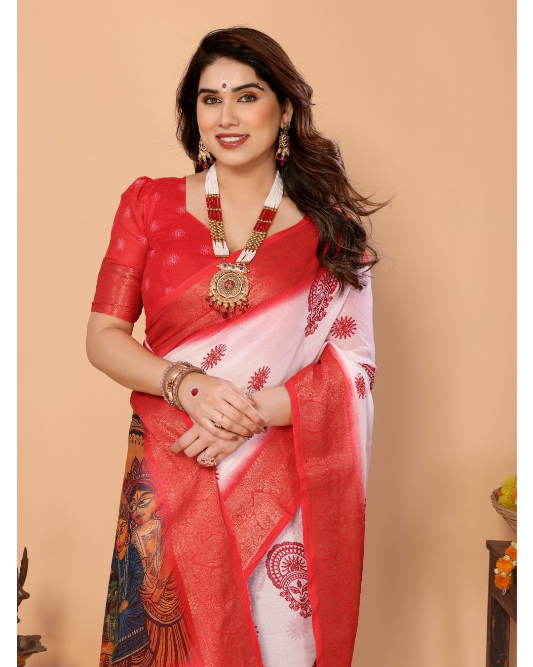 White & Red Handloom Linen Saree with Durga Panchami Art Pallu & Temple Festive Motifs | Zari Border & Tassel Finish(Pack of 1)