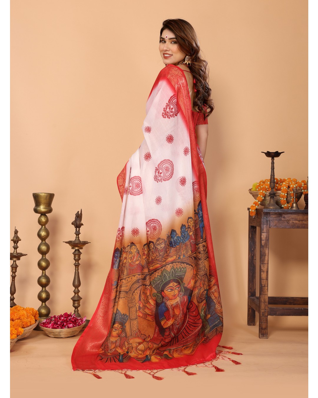 White & Red Handloom Linen Saree with Durga Panchami Art Pallu & Temple Festive Motifs | Zari Border & Tassel Finish(Pack of 1)